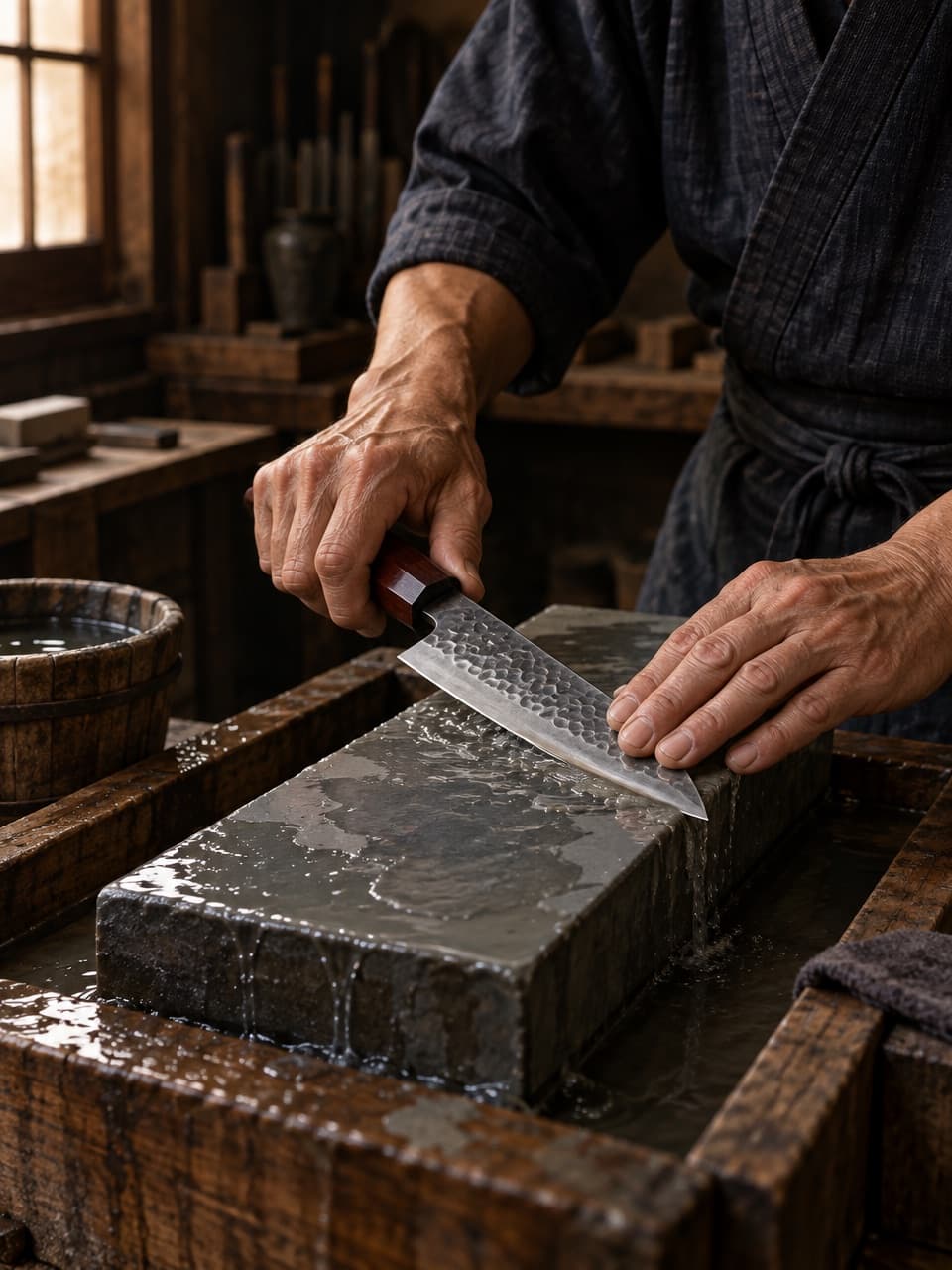 A craftsman sharpening a knife on a whetstone
